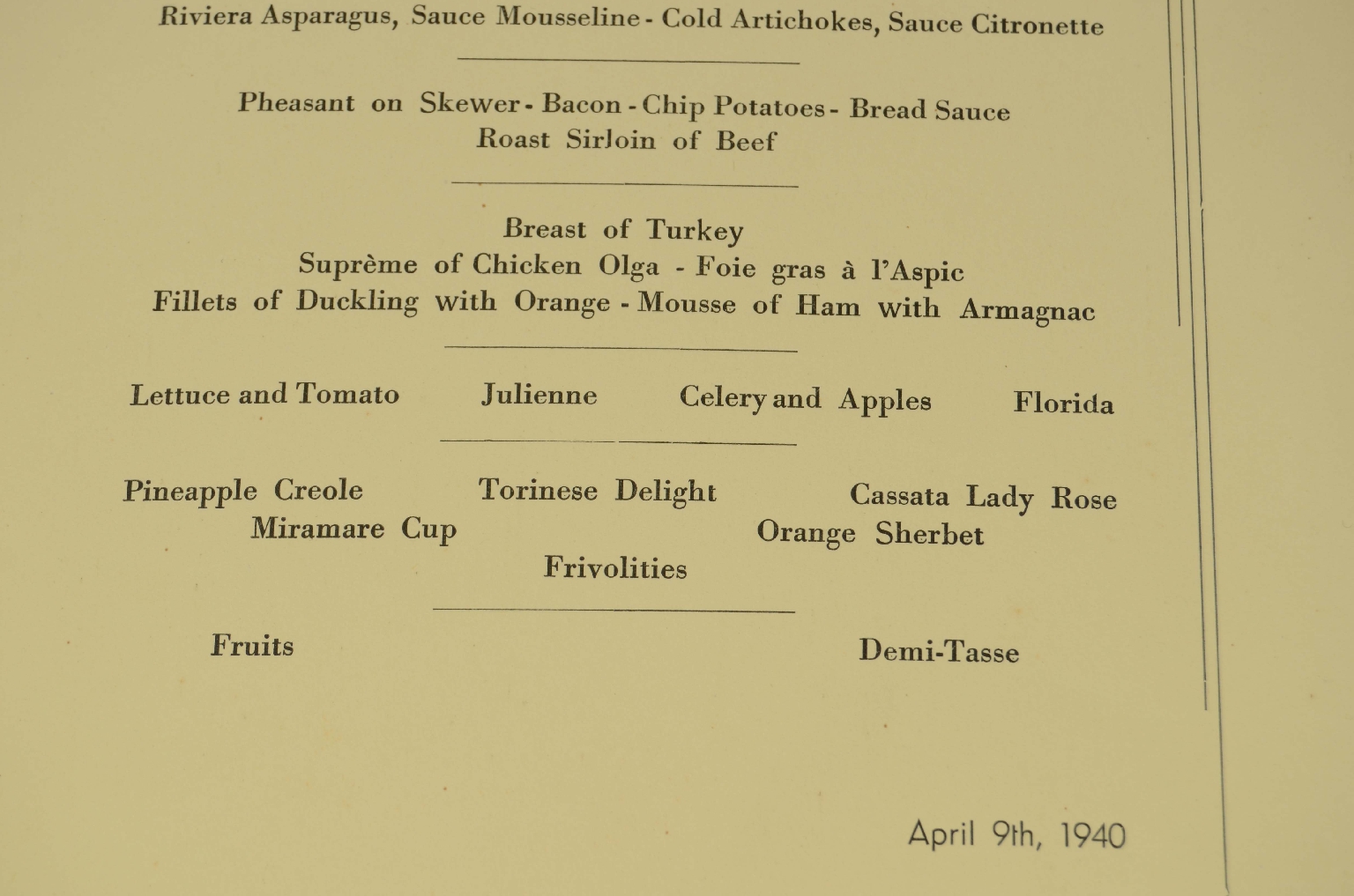 Transatlantico REX/R600-Menu Aprile 1940