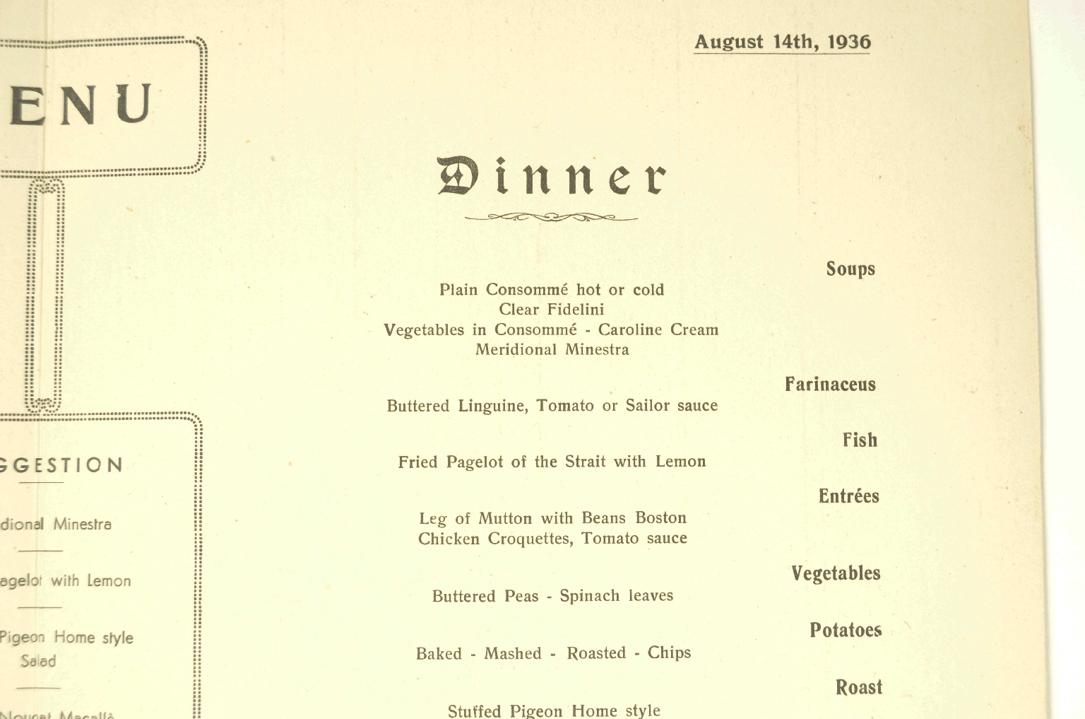 SS REX/R693-Turist Class Menu