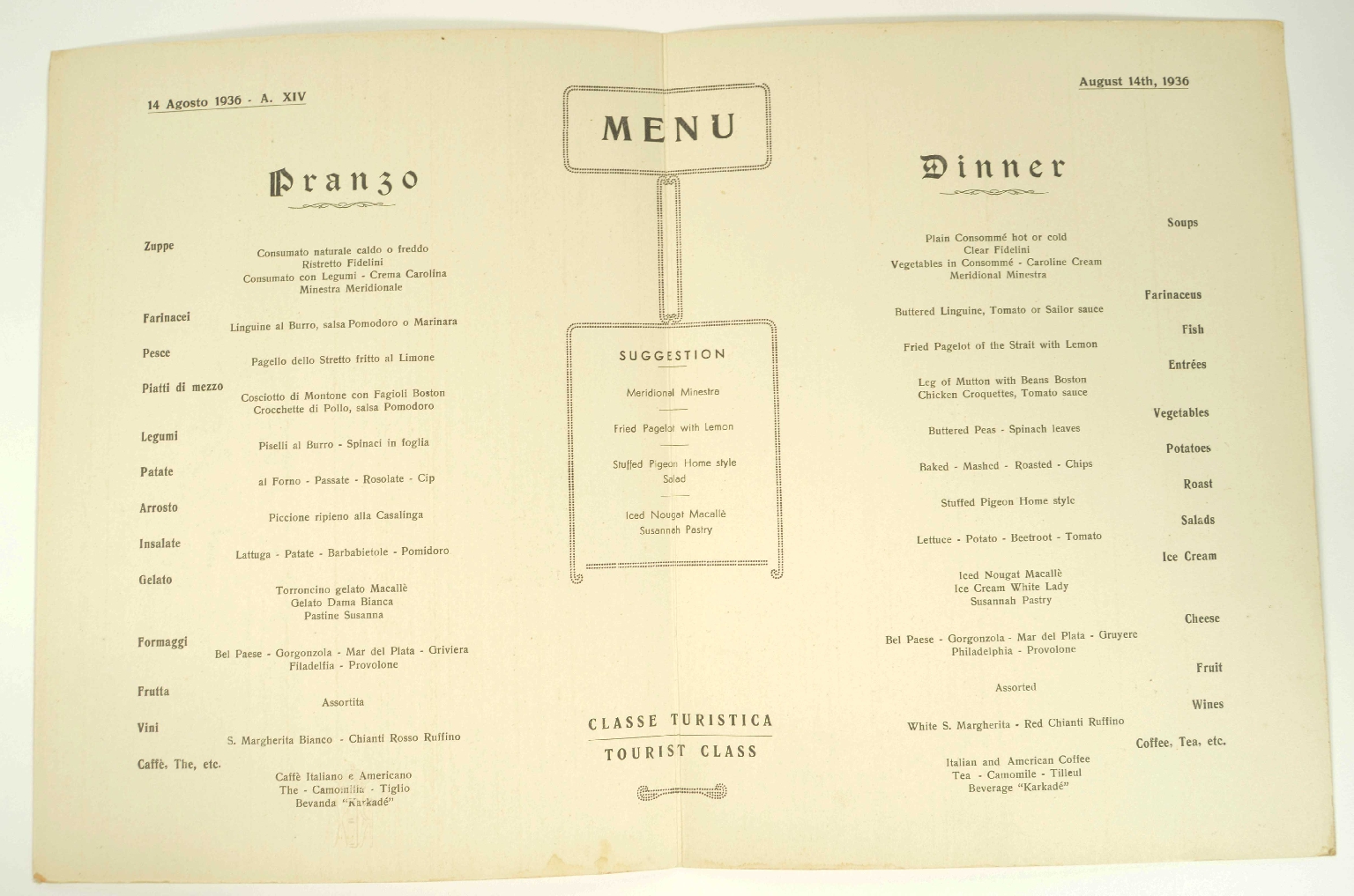 SS REX/R693-Turist Class Menu