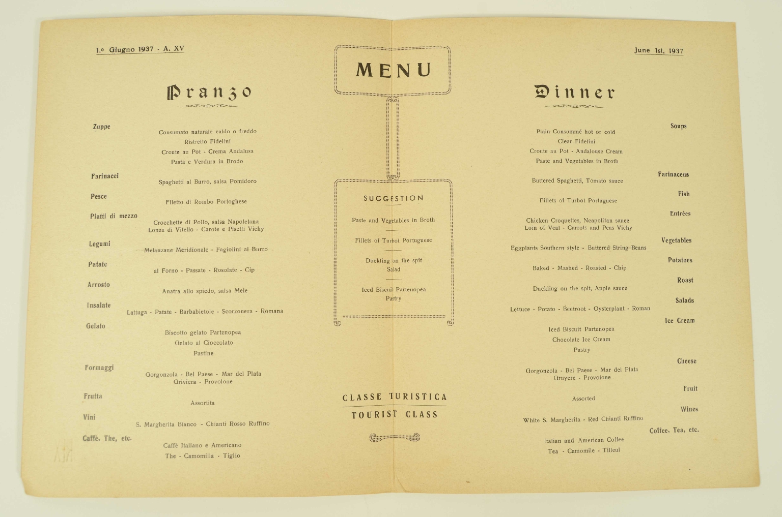 SS REX/R700-Tourist Class Menu