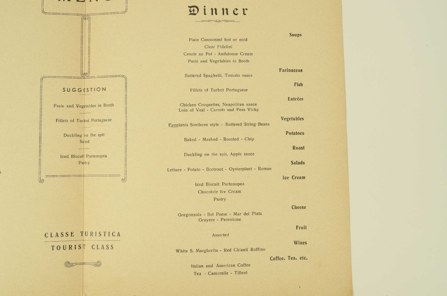 SS REX/R700-Tourist Class Menu