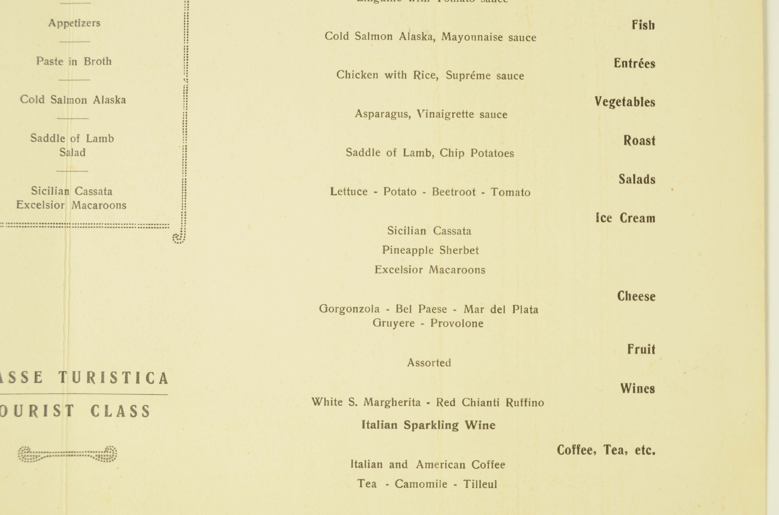 SS REX/R710-Tourist Class Menu